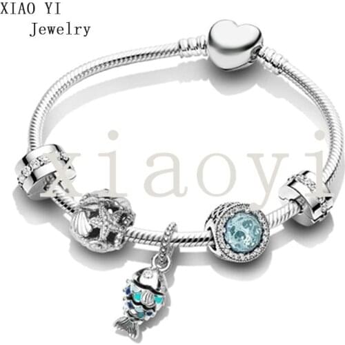 XIAOYI 2021 NEW s925 Summer sea ocean series blue fish cat eyes star hollow bracelet jewelry original high quality