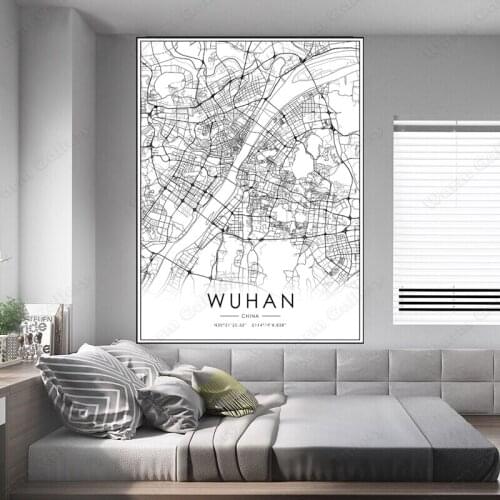 Black and White China City Map The Wuhan City Map Poster HD Print Wall Art Canvas Nordic Landscape Painting For Home Decor