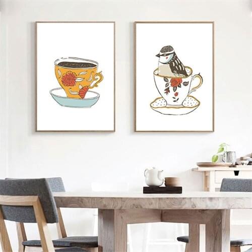 Home Decor Prints Painting Nordic Style Coffee Cup Bird Pictures Wall Art Modular Canvas Poster Modern For Bedside Background