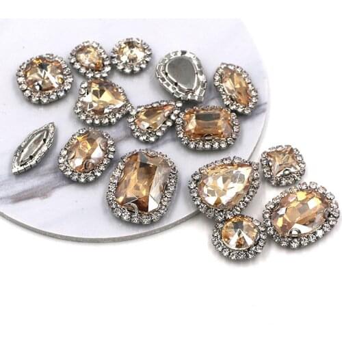 Hot sale Champagne mixed shape glass strass flatback sew on crystal button rhinestones for clothing/wedding decoration
