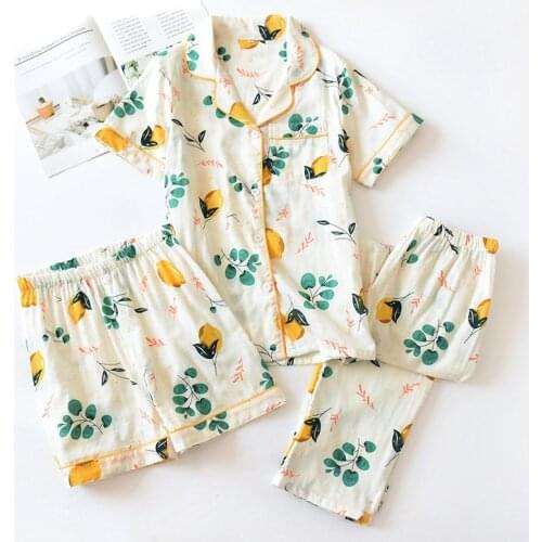 3pcs Lovely Fruit Printed Pajamas Set Women Summer Thin Cotton Short Sleeve + Shorts + Trousers Soft and Comfortable Homewear