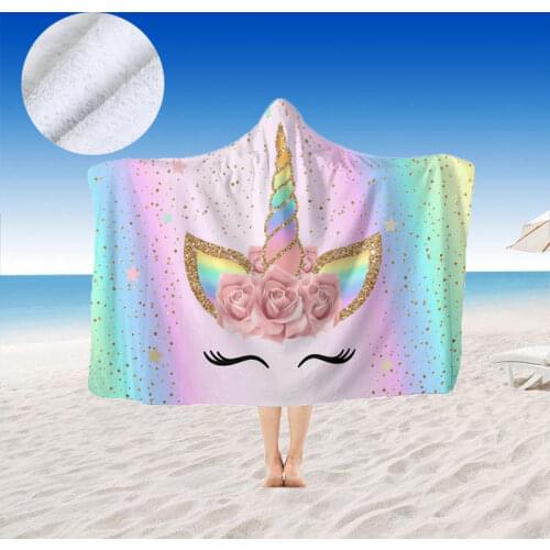 Soft Microfiber Summer Beach Towel with Hood Cartoon Unicorn Hooded Bath Towel for Boys Girls Wearable Travel Wrap Blanket