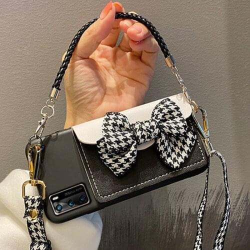 HOT Houndstooth Bowknot Leather Coin Bags Phone Case for iPhone 11 Pro Max 12 Mini SE 2020 X XS XR 7 8 Plus 6 6S 5 5S With Strap