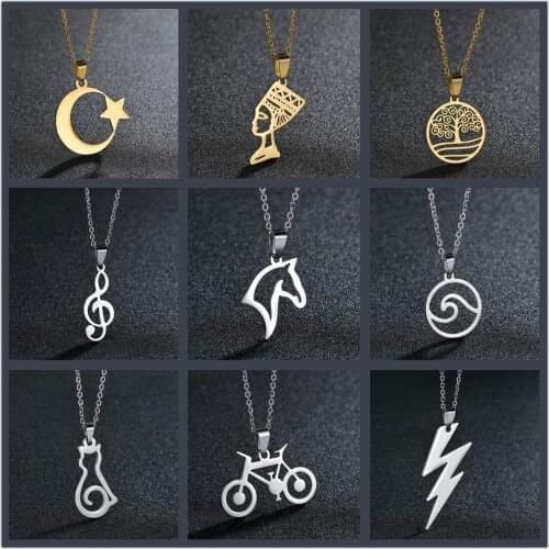 Fashion Female Musical Note Horse Lightning Tree Moon Cat Bicycle Pendant Necklace Gold Silvery Color Jewelry For Men/Women
