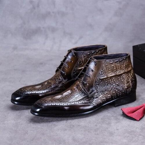 Fashion Mens Black Ankle Boots British High Top Genuine Leather Shoes Male Alligator Pattern Lace Up Leisure Party Botas ERRFC