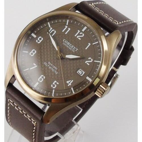 Bronze Plated 40mm Corgeut Mens Wristwatch Automatic Japan NH35 / NH35A Movement Brown Dial Leather Strap Brushed Mineral Glass