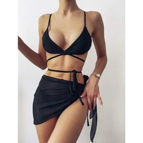 Solid Swimsuit with Skirt Sexy 3 Piece Bikini Halter Push Up Swimsuit Female Swimwear Vintage Bathing Suit