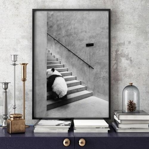 Panda Giraffe Flamingo On Stairs Wall Art Canvas Painting Black White Nordic Posters And Prints Wall Pictures For Living Room