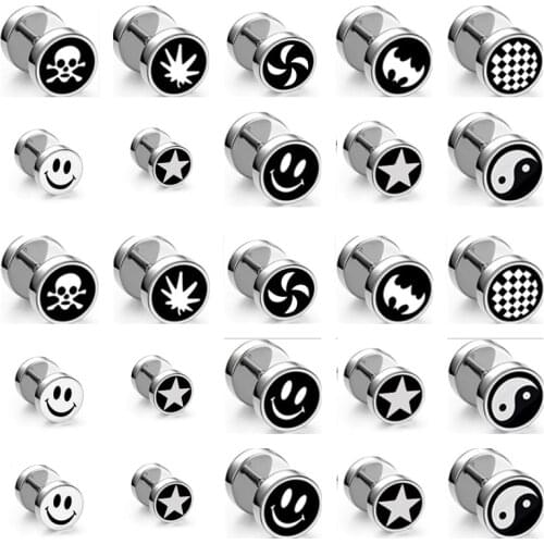 New fashion Smiley Skull head Barbell Dumbbell Ear Studs Stainless Steel Men Earrings Black Plated 2020 Punk Men Jewelry