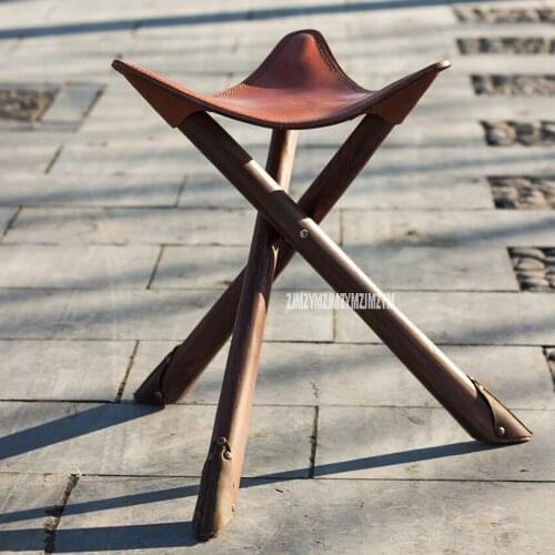 Handmade Retro Foldable Fishing Wooden Chair Stool Portable Cowhide Triangle 100% Genuine Leather Wood Outdoor Beach Chair