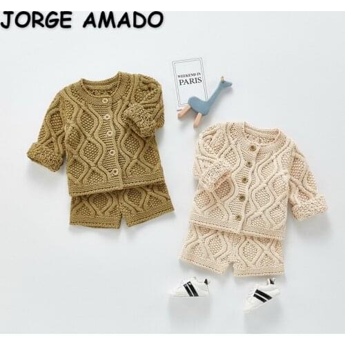2021 New Korean Style Spring Kids Boys Girls 2-pcs Sets Solid Color Long Sleeves Sweater + Shorts Children Clothes E10