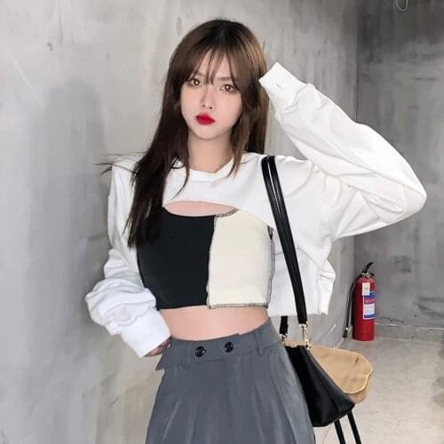 Womens Sweatshirt Casual Hoodies Crop Top Women O-Neck Pullover Long Sleeve Irregular Short Loose Solid Streetwear Sweatshirt