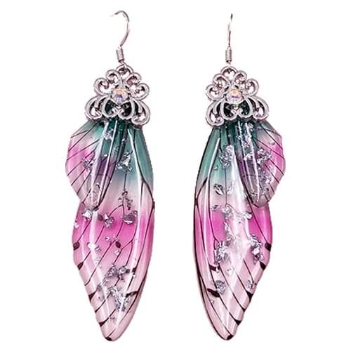 Fashion Handmade Femme Wing Drop Earrings Gold Color Fairy Tale Cicada Wings Earrings Rhinestone Purple Earrings Vintage Jewelry