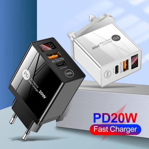 20W QC3.0 PD Type-C Dual Ports LED Display USB Charger Quick Charging Power Adapter US/EU/UK Plug for iPhone 12 X Phone Charger