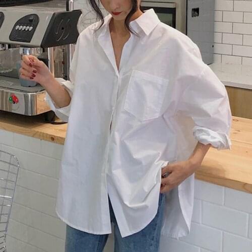 ZCSMLL 2020 Spring Autumn Women Shirts White Plain Loose Oversized Blouses Female Tops Loose BF Korean Style Blusas Pockets