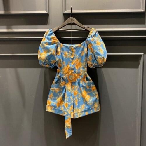 2021 Womens Clothes Blue Floral Print Jumpsuit Female Summer Waist Slimming Jumpsuit 2021 New Puff Sleeve Casual Shorts