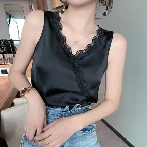 Womens Satin Tops For Women 2020 Sexy V-Neck Plus Size Sleeveless Lace Tank Tops Women Summer Female Silk Top With Lace Clothes