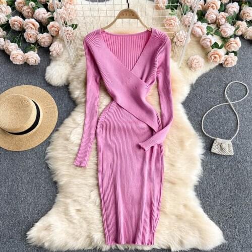 Ins Fashion Women Long Sleeve Knit Dress 2021 Fashion Autumn Mini Bodycon Dress Sexy Cross V-neck Slim Stretch Sweater Dresses