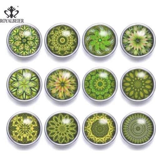 12pcs Glass Charms 12mm Snap Button Green Kaleidoscope Flower Theme Fit Snap Bracelet 12mm Snap Earrings Snap Jewelry KZ0947b