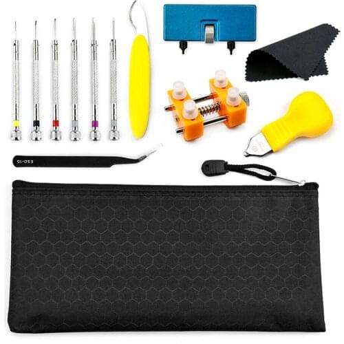 13pcs Watchmaker Watch Repair Tool Kit Back Case Opener Screwdriver Curved Tweezer with Storage Bag Battery Replacement Set