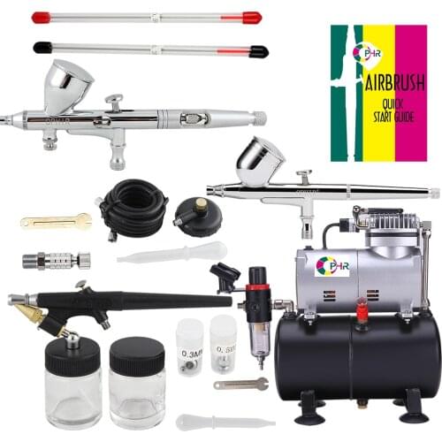 OPHIR 3-Airbrushes Dual Action & Single Action Air Brush Compressor Kit with Tank for Tattoo Nail Art 0.2mm 0.3mm 0.5mm 0.8mm