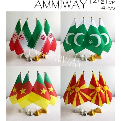 AMMIWAY 14x21cm 4pcs Iran Iranian Pakistan Table Flags Cameroon Macedonia World Country Desk Flag with Plastic Base Stand