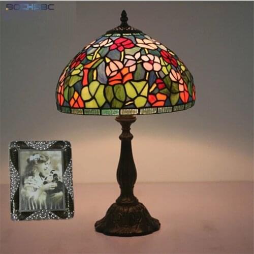 BOCHSBC tiffany style table lamp red rose pink orchid green leaf stained glass desk light handcraft home decor dia 30cm lampshad