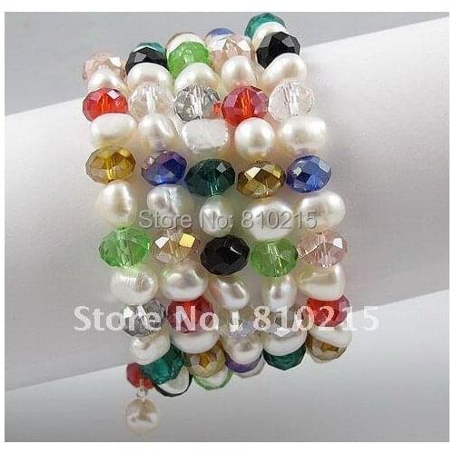 Fashion bracelet 7.5''inchs AA 7-8MM 5Rows white Pearl + Multicolor crystal beads bracelet wholesale New Free shipping A2595