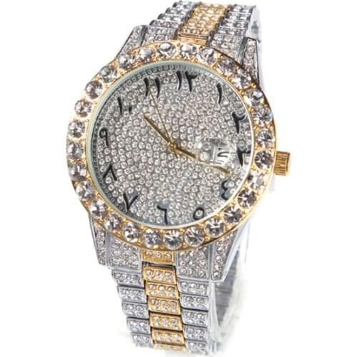 Big Dial Watch for Men Full Iced Out CZ Stainless Steel Belt Luxury Quartz Wrist Watches Hip Hop Watch