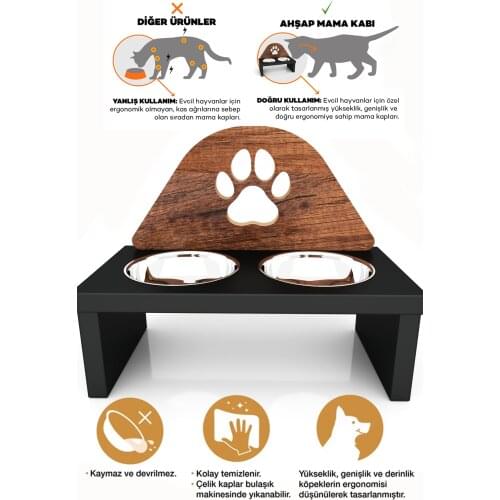 Kangaroo Shopping Black Steel Bowl Wooden Paw Pattern Double Food and Water Container