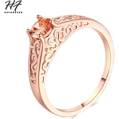 Simple Hollow Out Ring For Women Four Claws Orange Crystal Cubic Zirconia Rose Gold Color Wedding Gift Fashion Jewelry R125