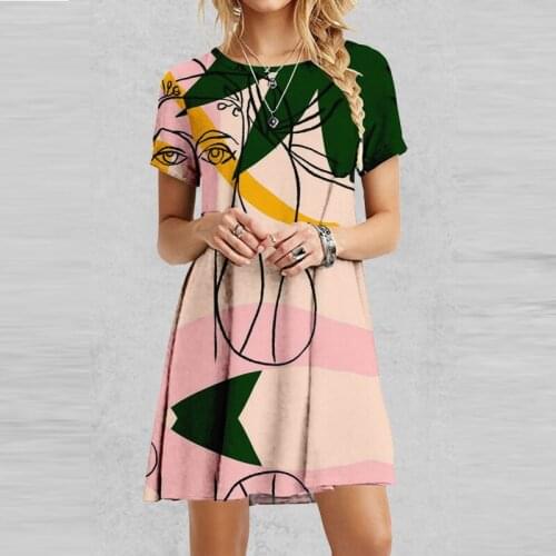 Retro Pattern Print Short Party Dress Spring Elegant O-Neck Loose Dress 2021 Summer Short Sleeve Loose Mini Skirt Vestido