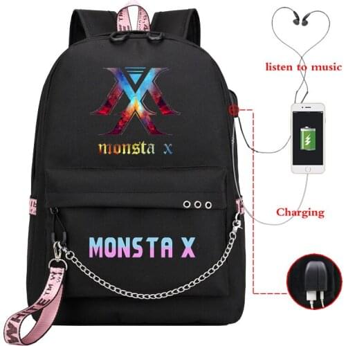Mochila Bookbag MONSTA X Kpop Backpack School Bags for Teenage Girls Womens Backpack Usb Charge Laptop Backpack Travel Backpack