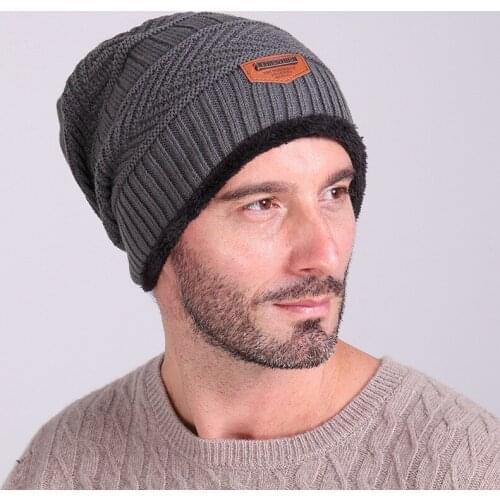 Fashion Bonnet Gorros Caps For Men Women Thick Winter Beanie Men Knitted Hat Outdoor Skullies & Beanies With Velvet H014-grey