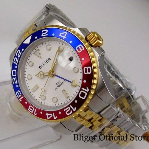 BLIGER Gold Plated GMT Mechanical Men Wristwatch White Dial Rotating Bezel Jubilee Tow Tone Gold Bracelet Sapphire Glass