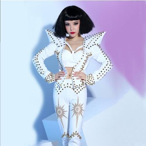 New Women Clothing Bar Nightclub Female Singer Dj White Punk Ds Rivet Sexy Jacket Costume Three-piece Suits Singer Stage Costume