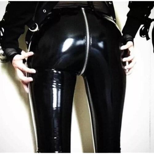 Sexy Women Wet Look Leather Pants Two Way Zipper Leather Slim Leggings Sexy Stretch Trousers Elastic Plus Size Pantalon Femme