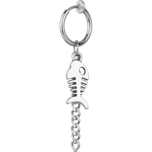 Punk Earring Mens Spike Stainless Steel Chain Link Fish Stud Earrings Guys Jewelry Rock Hip Hop Grunge Punk Dagger Ear Clip