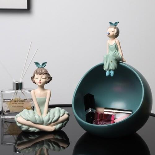 Modern Bowknot Girl Figurines Nordic Character Round Ball Storage Box Figure Bubble Gum Girls Green Sculpture Melody Room Decor