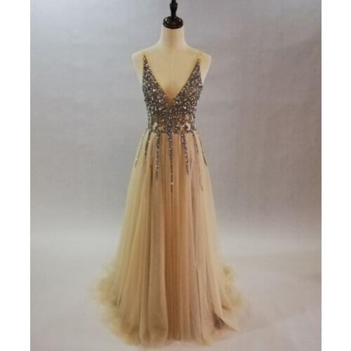 YOUXI Sparkly Evening Dress 2020 Backless Evening Party Dress Elegant Sexy See Through High Split Vestido de Festa