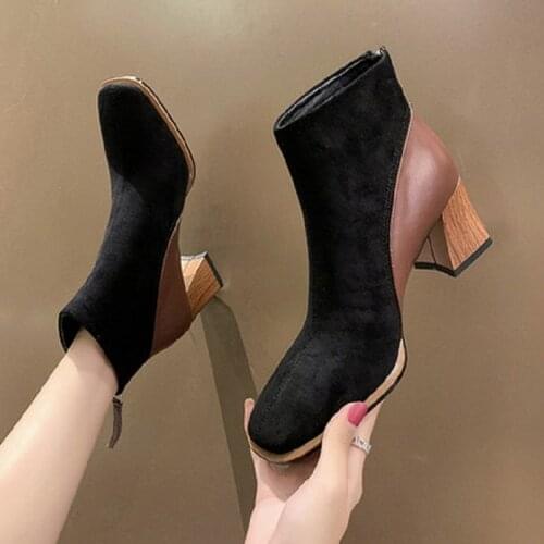 Chunky heel short boots spring and autumn fashion square head 6CM imitation wood high heels temperament womens boots