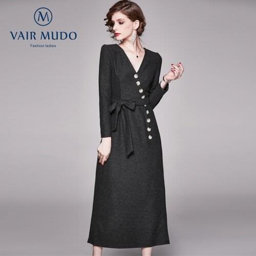 2021 Women Dress V-Neck French Retro Slim Waist Temperament Slit Long Dress Black Elegant Sexy Regular Ages18-35 Years Y-183