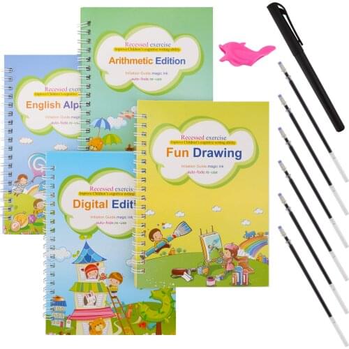 2021 4 Books + Pen Reusable 3D Magic Exercise Book Children 0-10 Writing Stickers Calligraphy English Numbers Montessori Toys