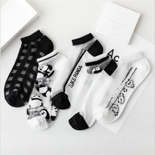 2021 New Product Glass Stockings Women Thin Stockings Korean Black and White Panda Socks Transparent Colored Cotton Socks
