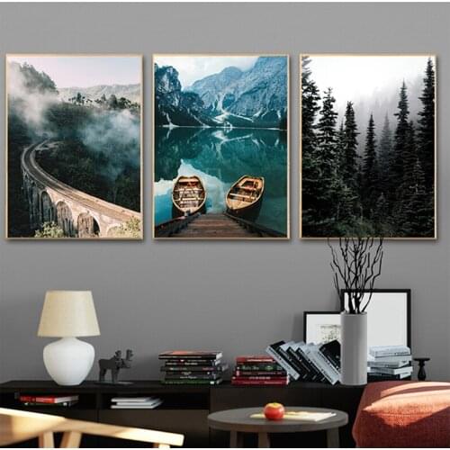 3Pieces Diy Misty Forest Lake Boat Geometric Abstract Nature Landscape Embroidery 5D Cross Stitch Kits Diamond PaintingZP-4033