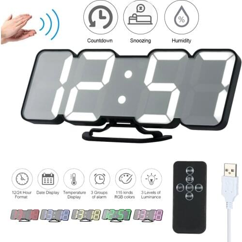 3D Wireless Remote Digital RGB LED Alarm Clock USB Powered Temperature Date Display WITH Snoozing Functions Wall Desktop Clock
