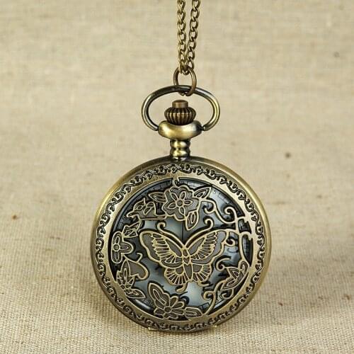 8057Watch Fashion Popular Womens Gift Butterfly Skeleton Pocket Watch Bronze Petal Retro Quartz Stone Pocket