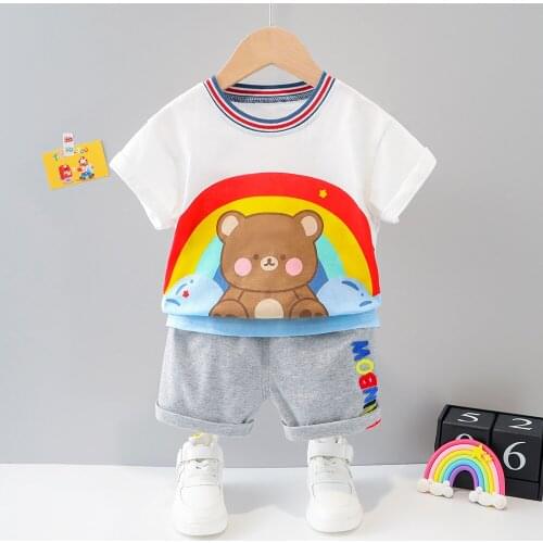 Children 1 2 3 4 5 Years Summer Kids Clothes Fashion Boy Baby Short Sleeve Shorts Rainbow Bear Rabbit Two-Piece Set