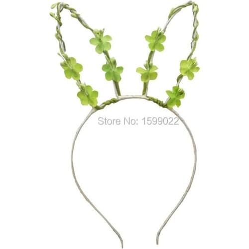 Cute Rabbit Headband for Children Kids Women Cosplay Bunny Ear Hair Ornament Green Flower Rattan Crown Animal Forest Party