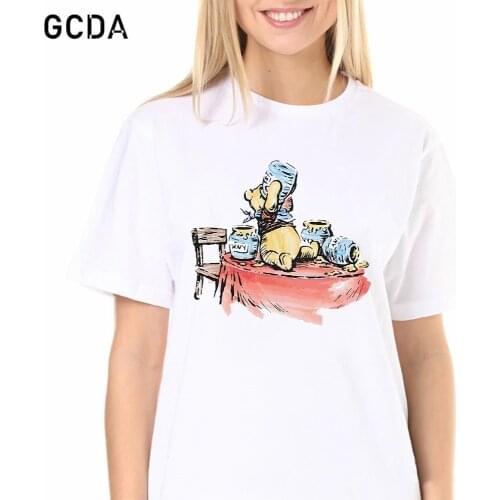 T Shirt Women Winnie the Pooh Tshirt for Girls Fashion Pooh Bear Drink Honey Tees Funny Female T-shirt